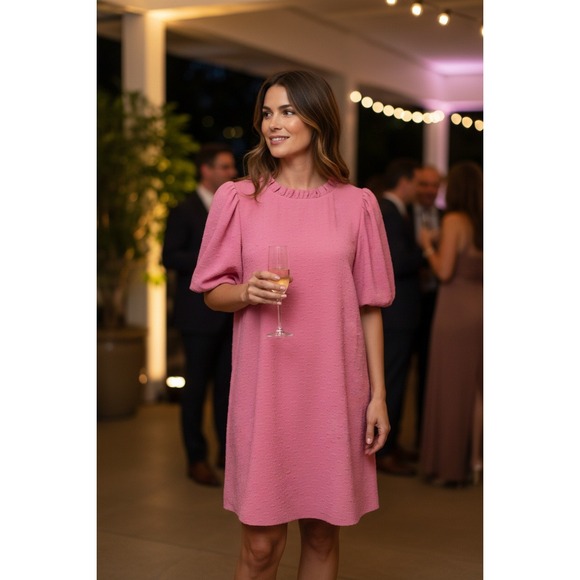 Joy Joy Shift Dress Womens Pink Ruffle Neck Puff Sleeve V-Back Size Large - Picture 2 of 9